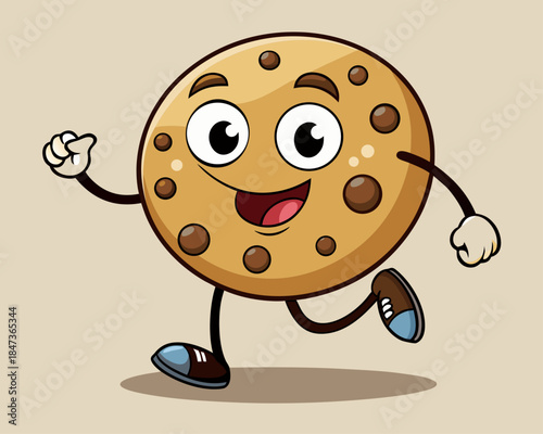 Happy chocolate chip cookie character running with enthusiasm