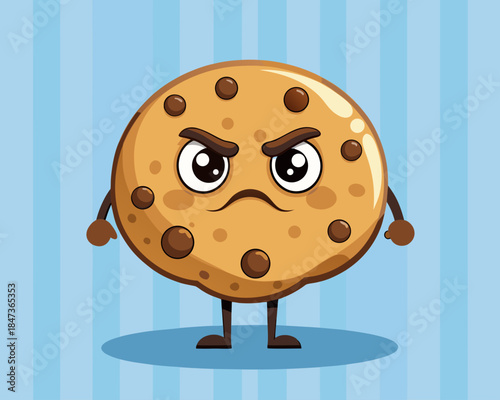 Angry chocolate chip cookie character with big eyes and arms