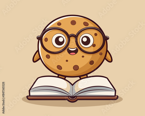 Cute cartoon cookie wearing glasses reading a book