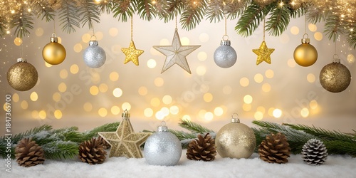 Christmas Background With Vintage Golden Ornament Hanging On Fir Branches
