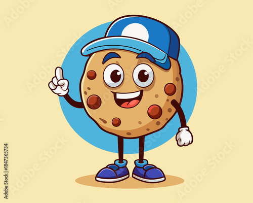 Happy cookie character wearing a blue cap and shoes