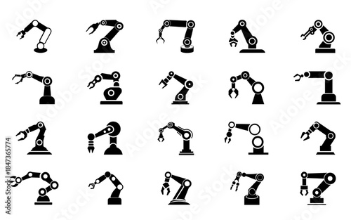 Mechanical Hydraulic Robotic Silhouettes, Industrial Robot, Automation, Engineering Vector Set