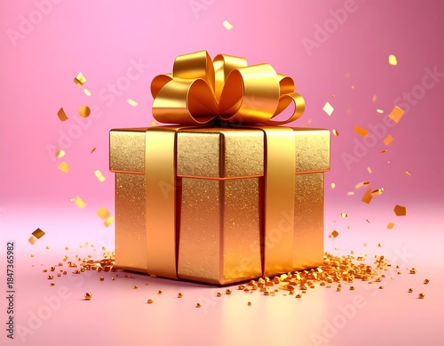 Golden gift box with bow, confetti and golden decorations