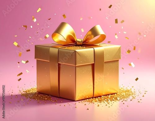 Golden gift box with bow, confetti on pink background