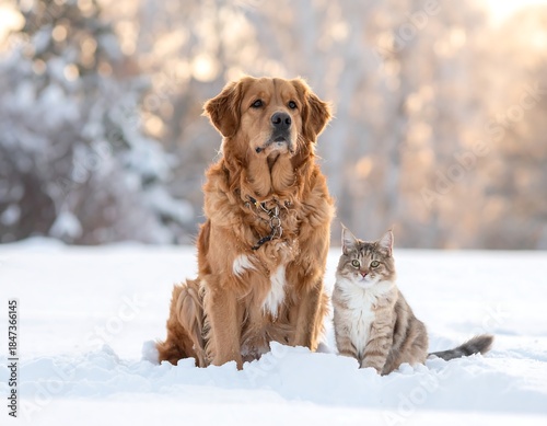 Golden-colored dog sits next to striped cat in snow-covered landscape