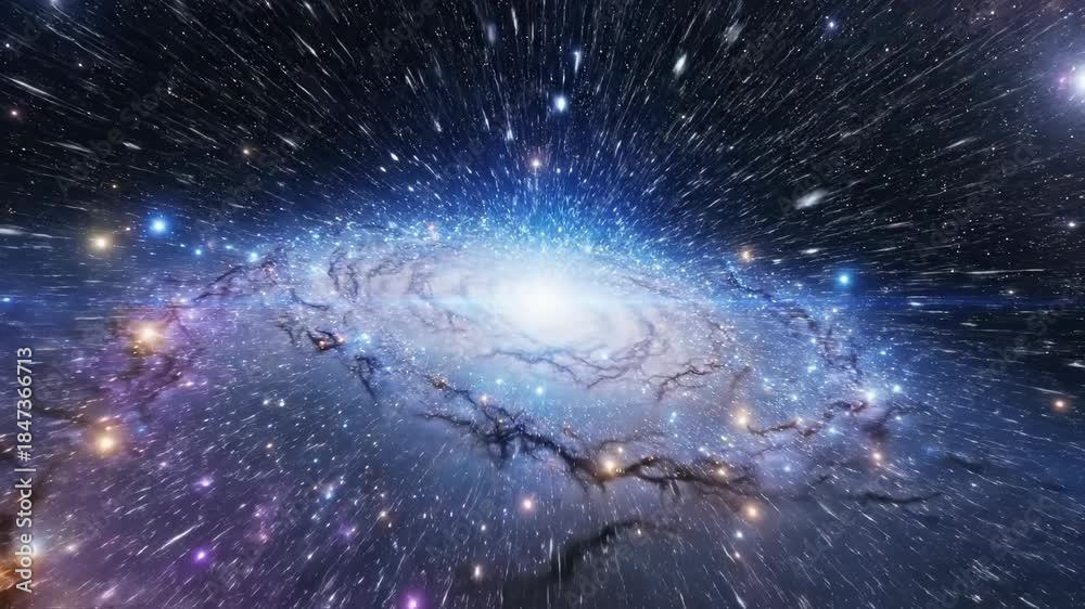 custom made wallpaper toronto digitalFlying rapidly through dark space toward the brilliantly illuminated blue central core of a massive swirling spiral galaxy structure infinite, power, movement