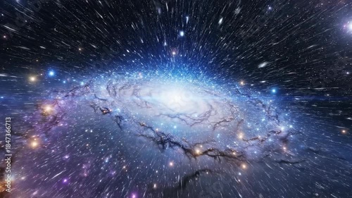 Flying rapidly through dark space toward the brilliantly illuminated blue central core of a massive swirling spiral galaxy structure infinite, power, movement