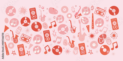 A vibrant pink background filled with retro music icons and symbols