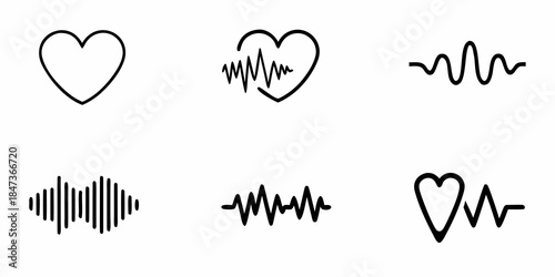 A collection of hand drawn heart shapes and electrocardiogram like wave patterns