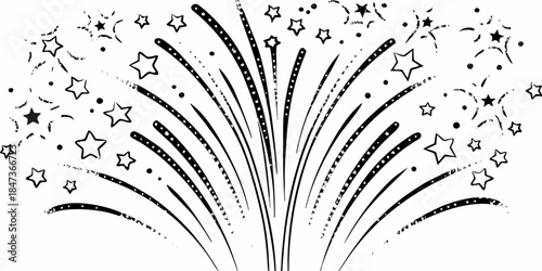 A burst of stylized fireworks with radiating stars and sparkling trails