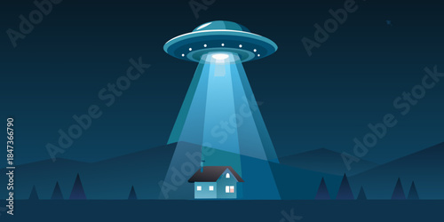 A glowing ufo hovers over a small house in a dark landscape