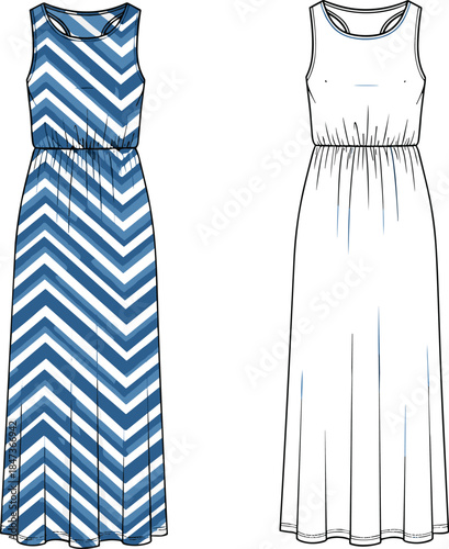 Technical Fashion Flat Drawing of a Sleeveless Maxi Dress with a Chevron Print and Elastic Waistline, Illustrating Garment Design Outline, Vector.