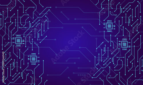 Futuristic blue technology background with glowing blue circuit lines and microchip elements, digital network structure design with space for text dedicated to innovation, data and high-tech concepts.