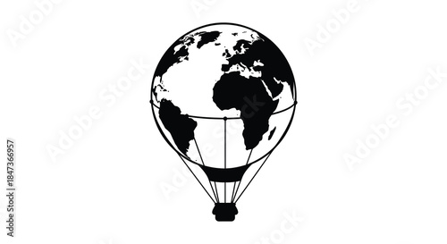 A striking black and white image of earth shaped like a hot air balloon silhouette