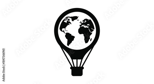 A black silhouette of a hot air balloon encapsulating the world globe a travel emblem silhouette