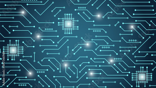 Futuristic circuit board background with glowing microchips and neon blue electronic lines on dark surface, high-tech digital network design for computing, data and innovation concepts.