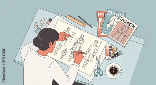 Fashion Designer Creating Sketches Of New Clothing Line Designs