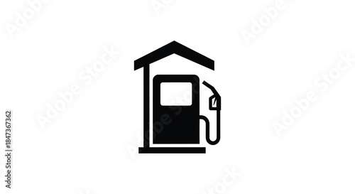 A simple black and white depiction of a gas station building with a fuel pump silhouette