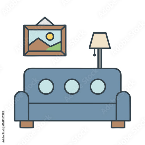 Simple Blue Sofa with Lamp and Art.