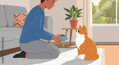 Happy Pet Owner Gives Food to His Orange Cat At Home