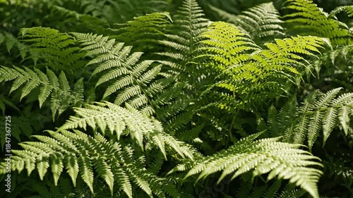 Sunlight shines on a dense patch of vibrant green ferns, creating a textured, natural background