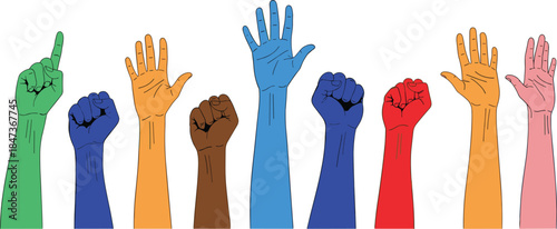 Raised hands diversity vector illustration showing unity, equality, protest, voting, and social inclusion concept