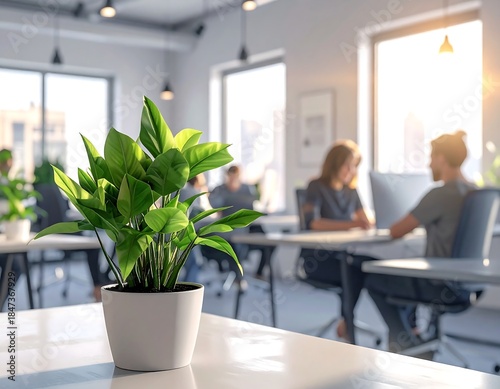 Modern office scene with a potted plant and blurred workers