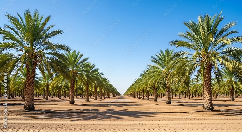 Obraz premium Date Palm Tree Plantation Under Clear Blue Sky in Arid Landscape.
