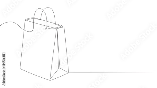 Shopping bag continuous one line drawing, Continuous one line drawing of a shopping bag in minimalist linear style, simple black sketch of apaper package on white background, continuous one line draw.