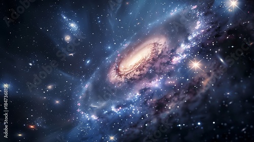 Magnificent spiral galaxy and starry sky with bright celestial bodies and nebulae