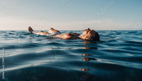 Person relaxing on their back floating in calm open water during daytime.