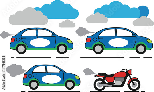 Cartoon vehicles with exhaust, car and motorcycle illustration, transportation emission scene, outdoor setting, child-friendly vector, environmental theme, traffic design, pollution concept artwork