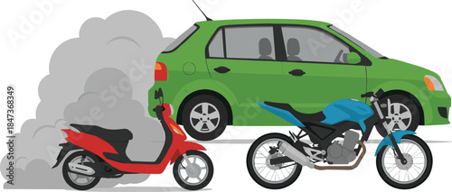 Cartoon vehicles, green car, red scooter, blue motorcycle, exhaust smoke, clean transport, emission comparison, urban scene, traffic illustration, eco-friendly, pollution, cartoon style