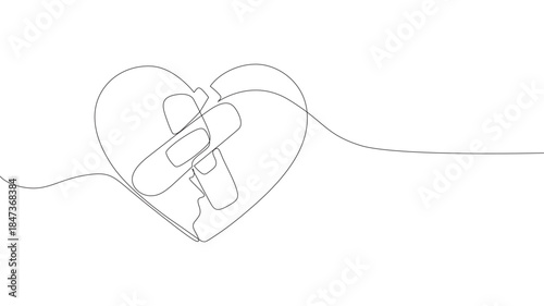 continuous one line drawing Sewn Broken Heart, Broken red love heart repaired with band aids, Broken Heart Mended with Plasters, Isolated Paper Heart Torn And Mend copy.