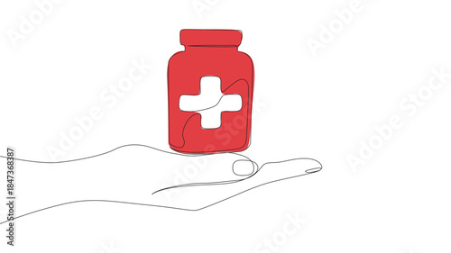 Continuous one-line drawing of a hand holding a drug bottle. Medical drugs, pharmacy, health, and care line art vector illustration. 