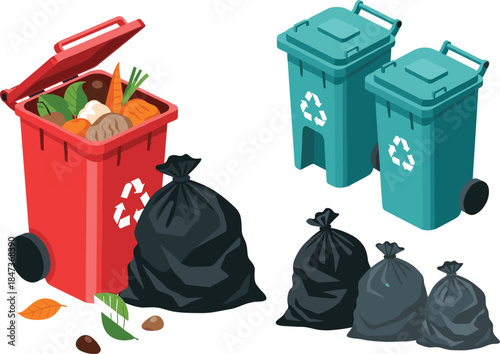 Cartoon waste bins and garbage bags, recycling illustration set, organic trash design, environmental theme vector, child-friendly style, sustainability concept artwork, cleanup graphic