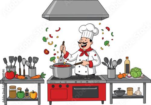 Chef, cooking, kitchen, vegetables, stove, pot, soup, sauce, professional, culinary, food, preparation, ingredients, uniform, hat, neckerchief, utensils, dynamic, action, restaurant, cuisine, joyful