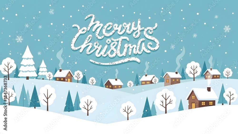 Fototapeta premium Merry christmas winter village scene with snow covered houses and trees on a blue background with snowflakes and festive decorations