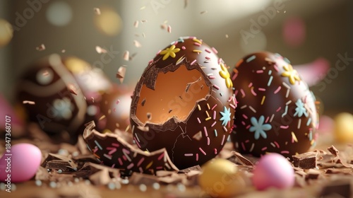 Chocolate Easter eggs shattering, revealing colorful sprinkles and chocolate pieces.
