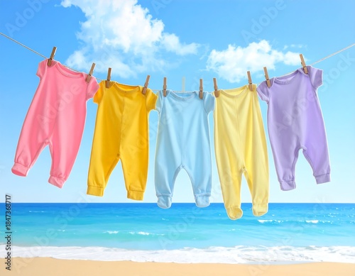 Pastel baby clothes hanging on a line, beach and sky in background