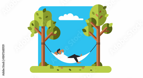 Man Relaxing In Hammock Under Trees On Summer Day Vector