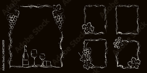 Elegant vintage frames with grapes wine bottle and floral elements on black