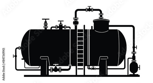 industrial pressure vessel with complex piping and valves shown as a dark silhouette