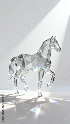 A translucent geometric crystal horse sculpture illuminated by a focused light source casting vibrant rainbow-like reflections on the surface below.