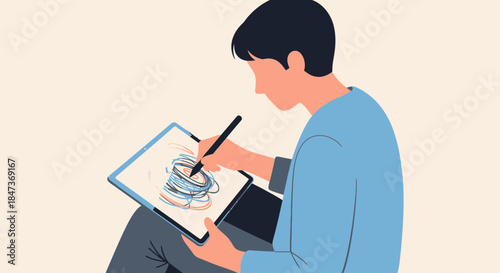 Man Sketching On Tablet Creates Abstract Doodle Art Illustration
