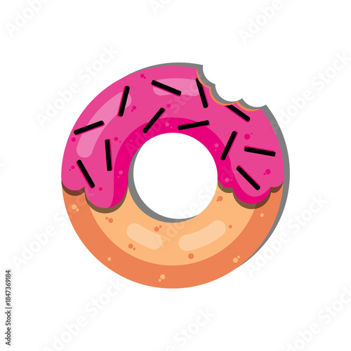 pink frosted donut with bite taken.