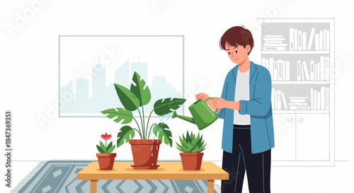 Man Watering Plants At Home Cartoon Style Vector Illustration