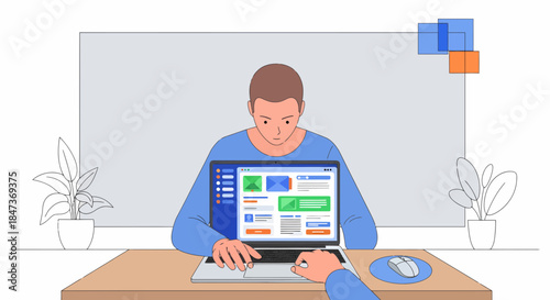 Man Working On Laptop From Home With Plants On The Desk