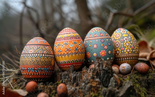 Four intricately painted Easter eggs sit on a mossy stump, surrounded by other smaller eggs.
