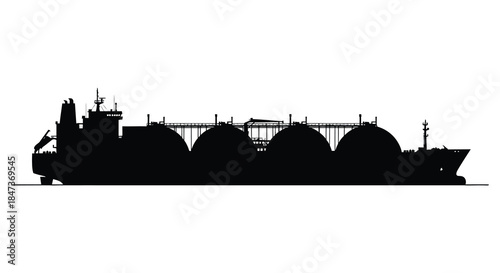 A striking black silhouette of a large tanker ship carrying cylindrical cargo silhouette